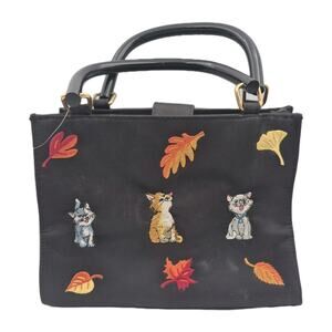 Black Purse Embroidered Cats Fall Leaves 10x7.5x4 Kim Rogers NEW
